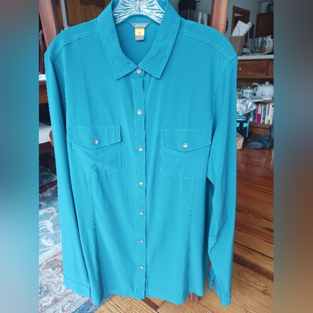 Eddie Bauer Travex Long-sleeved Button Front Shirt Teal Green Tall XL EUC